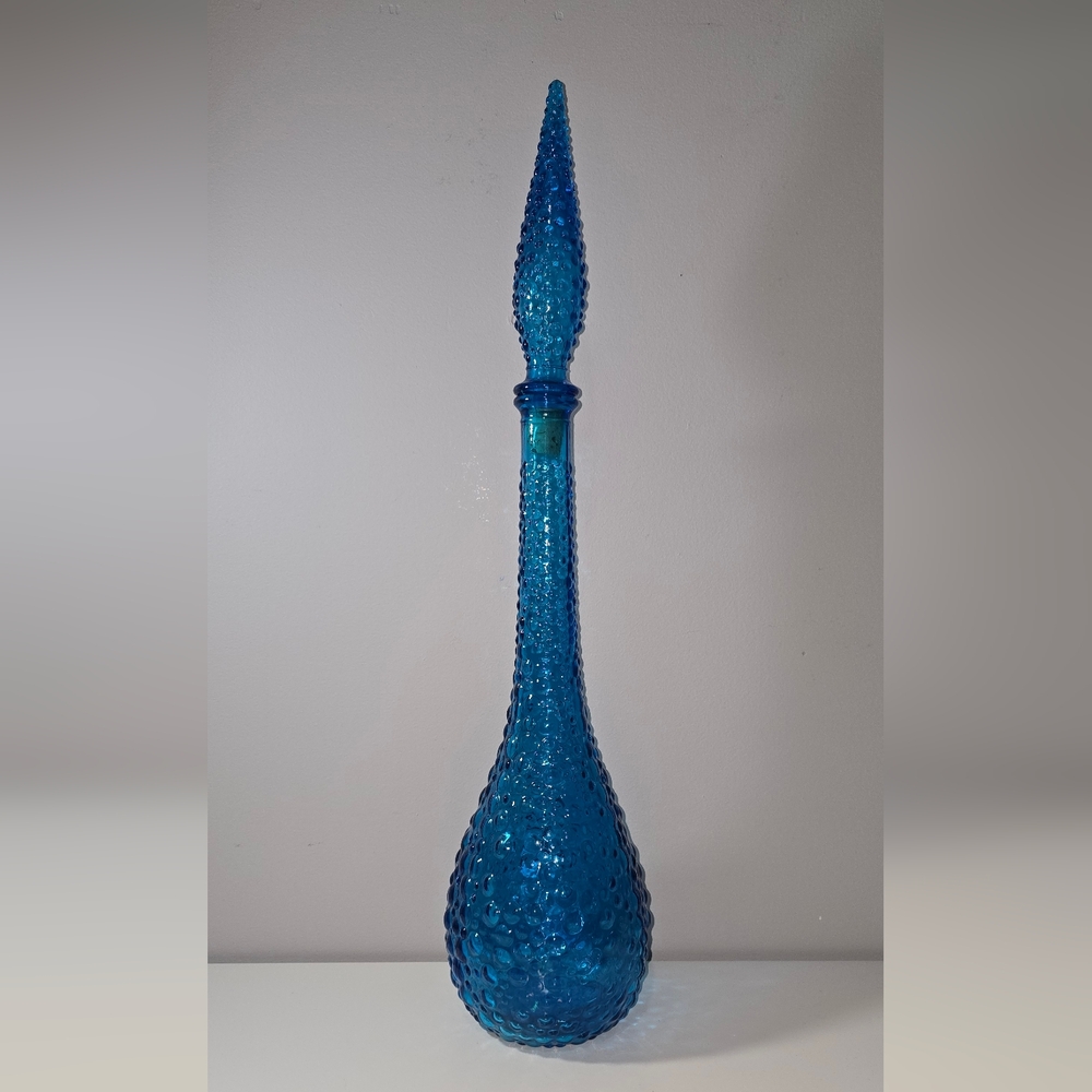Vintage Italian Empoli Hobnail Glass Genie Bottle blue In color